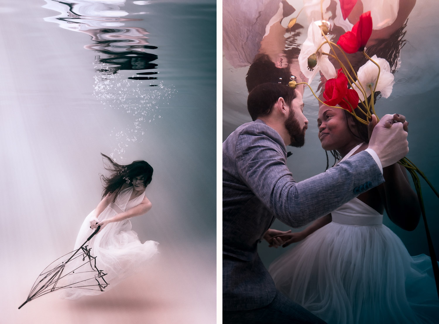 underwater trash-the-dress photoshoot after wedding