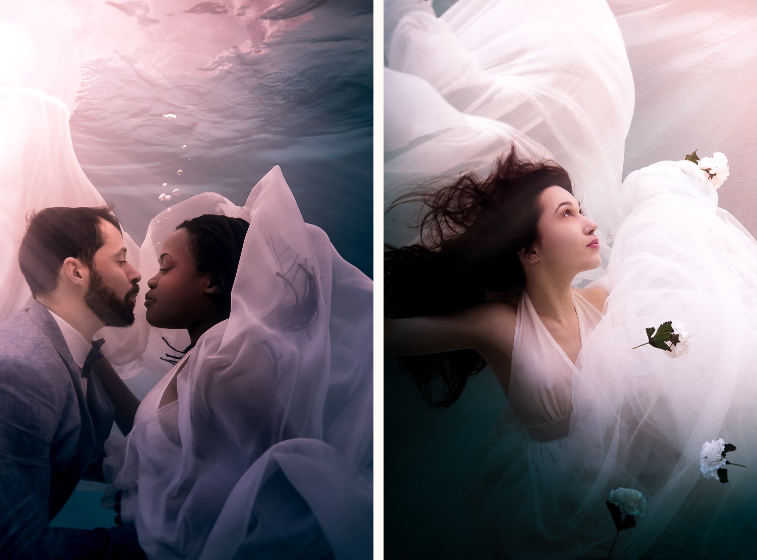 underwater trash-the-dress photoshoot after wedding